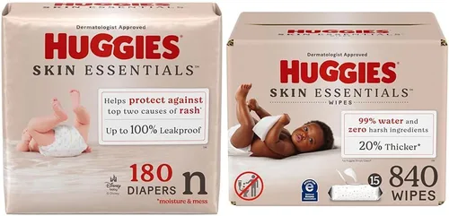 Vista 11 de Huggies Paquete de Skin Essentials: pañales Huggies Skin Essentials, talla 1 (8-14 libras), 204 unidades y toallitas para bebés, 15 paquetes