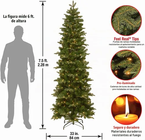 Vista 3 de Árbol de Navidad delgado Prescott de National Tree de 7.5 pies con 350 luces (PEPR4-307-75), parece real 350 luces transparentes, 973 puntas