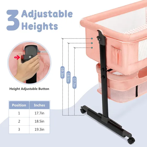 Vista 2 de Moisés 3 en 1, cuna con ruedas, malla transpirable, altura ajustable, cesta de almacenamiento, fácil de montar y plegar (rosa)
