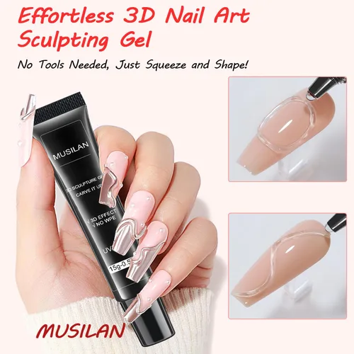 Vista 5 de MUSILAN Gel para esculpir uñas 3D con limas de cristal de cristal, gel constructor transparente para uñas, moldeo para esculpir esmalte de uñas