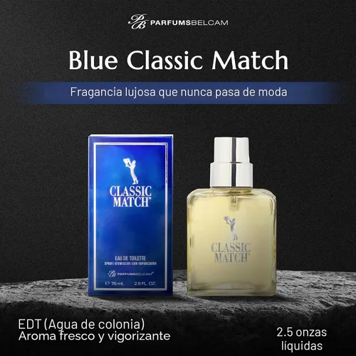 Vista 2 de PB ParfumsBelcam Blue Classic Match Eau de Toilette en espray para hombre, fragancia moderna de cítricos Fougere, notas de melón, musgo y pachulí