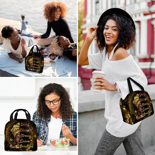 Vista 8 de Bolsa de almuerzo afroamericana para mujeres, reutilizable, negra, con aislamiento mágico, portátil, bolsa de mano para mujeres, viajes, senderismo