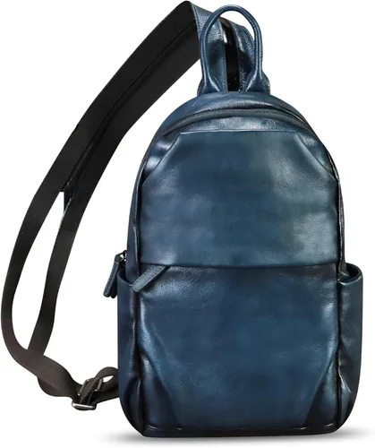 Vista 6 de Bolso de cuero genuino para hombres y mujeres, mochila grande tipo bandolera para iPad Pro de 12.9 pulgadas, Azul marino, Mediana
