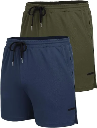 Vista 4 de COOFANDY Paquete de 2 pantalones cortos de entrenamiento de gimnasio para hombre, pantalones de malla ligeros para culturismo, entrenamiento