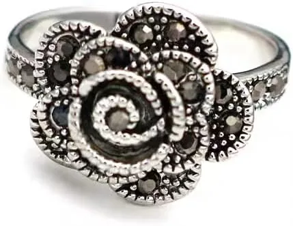 Vista 7 de Anillo de declaración de flores de diamantes de imitación negro vintage para mujer