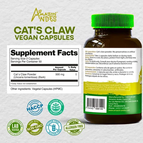 Vista 2 de Uña de Gato (Uncaria Tormentosa) Cápsulas l 1000 mg por porción de superalimento l Articulaciones, Partidario de sistemas inmunes y cardiovasculares