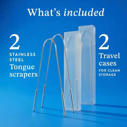 Vista 2 de Mouthology Raspador de lengua (paquete de 2), reduce el mal aliento (fundas de viaje incluidas), limpiadores de lengua de acero inoxidable, raspador