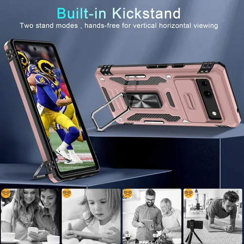 Vista 4 de DEERLAMN Funda para Google Pixel 7a con Cubierta Deslizante para Cámara + Protector de Pantalla (2 Paquetes), Soporte de Anillo Giratorio de Grado