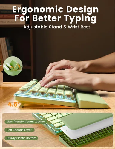 Vista 3 de Combo de teclado y mouse inalámbricos, 9 efectos retroiluminados, reposamuñecas, teclas de doble disparo, panel de metal, recargable de larga