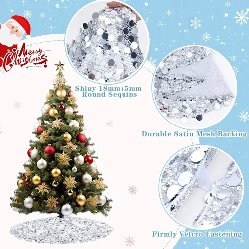 Vista 2 de Falda de árbol de Navidad plateada de 36 pulgadas, falda de árbol de Navidad con lentejuelas brillantes, decoraciones de Navidad con purpurina
