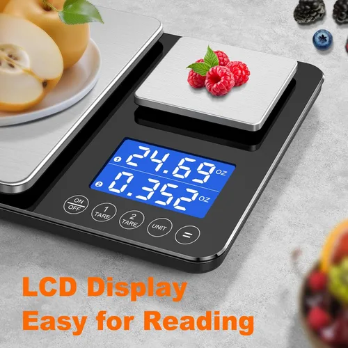 Vista 13 de KUAIVO Báscula de cocina de doble plataforma de 0.001 oz/33 libras, peso digital, gramos y onzas, báscula de cocina de dos precisiones para pan