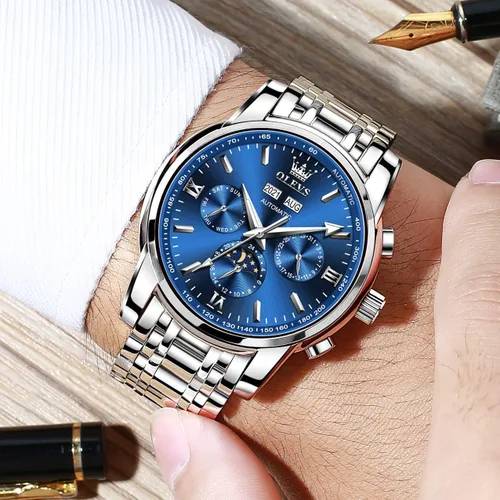 Vista 3 de OLEVS Relojes automáticos para hombre, esqueleto Tourbillon, mecánico, cuerda automática, de lujo, moda, reloj, fase lunar, fecha, luminoso