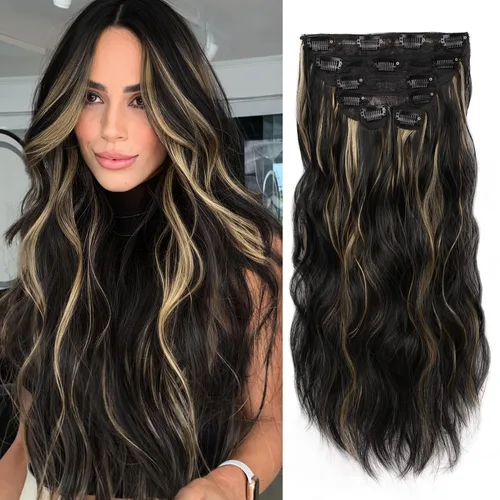 Vista 18 de WECAN Extensión de cabello con clip, de 20 pulgadas, mezcla de rubio ceniza y rubio decolorado, 6 piezas, extensiones de cabello largo ondulado