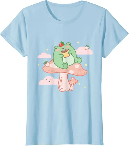 Vista 28 de Kawaii Strawberry Frog On Mushroom - Camiseta de manga corta de anime, Azul / Patchwork, S Azul Pastel