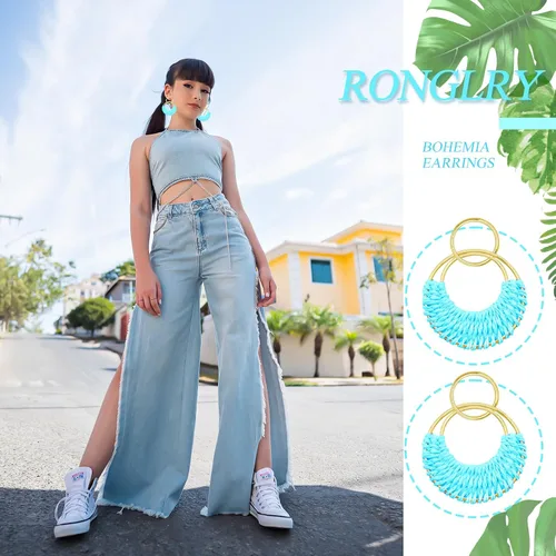 Vista 4 de Ronglry Aretes bohemios de ratán de rafia para mujeres y niñas, ligeros, hechos a mano, de mimbre trenzado, grandes, divertidos, modernos, regalos