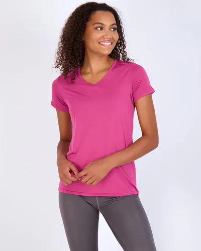 Vista 2 de Paquete de 5 camisetas de manga corta para mujer, con cuello en V, tela Dry-Fit que absorbe la humedad, para yoga (disponible en tallas grandes)