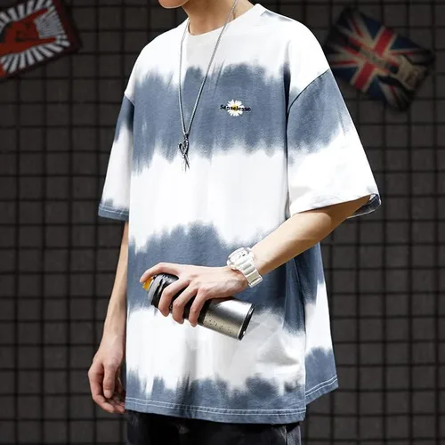 Vista 2 de Camiseta de gran tamaño con diseño de teñido anudado para hombre, diseño de margaritas, ropa de calle, hip-hop, manga corta, camiseta indie