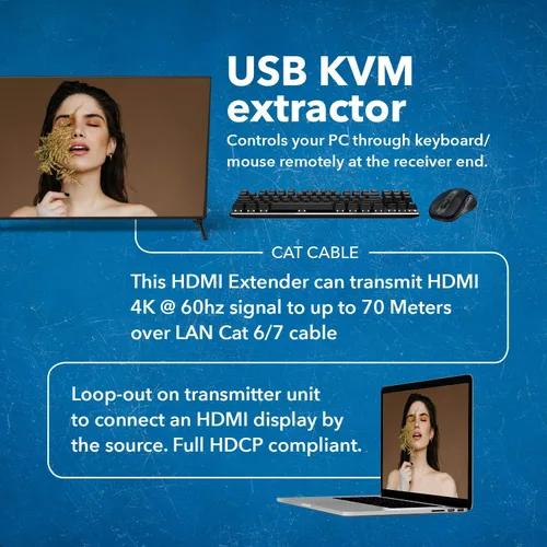 Vista 4 de OREI Extensor KVM HDMI 4K sobre Ethernet Balun sobre Cable CAT6/7 4K@60Hz Hasta 70 Metros - 2 Puertos USB 1.1, Soporta Teclado y Mouse USB HDMI Loop