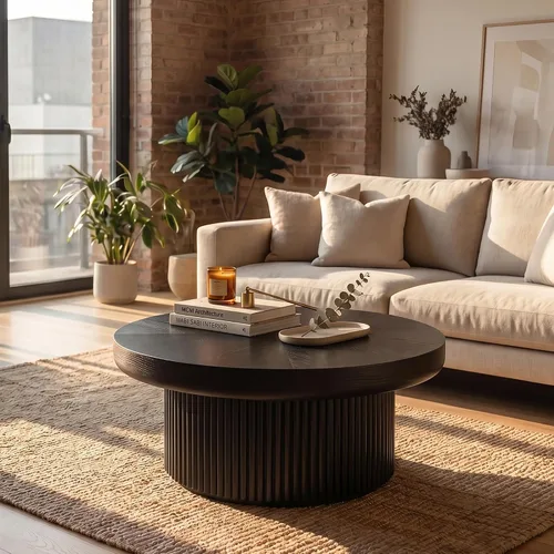 Vista 22 de Mesa de centro redonda de madera de 31.49 pulgadas con almacenamiento, mesa de centro circular acanalada de 2 niveles con tapa y estante para sala