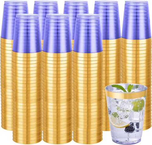 Vista 19 de Supernal 100 piezas de vasos de plástico azules, vasos desechables transparentes azules claros de 10 onzas con borde dorado, vasos de plástico