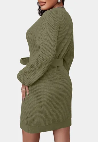 Vista 3 de ZESICA - Vestido de tejido de punto gofre con lazo en la cintura y manga larga para mujer estilo túnica de un solo color sin botones