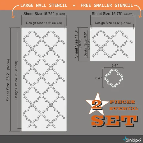Vista 3 de PINKIPO® Marrakech Trellis - 2 plantillas XL para pared y piso para pintar, patrón marroquí de Mylar reutilizable Ogee y plantilla de borde incluida