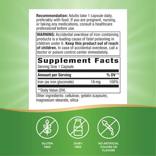 Vista 5 de Nature's Way Hierro, promueve glóbulos rojos saludables*, 18 mg de gluconato de hierro por porción, sin gluten, 100 cápsulas
