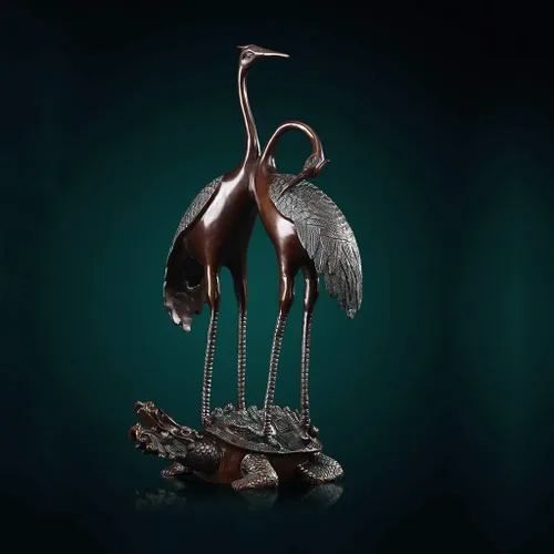Vista 4 de Feng Chino Shui Estatua Escultura Cobre Puro Grúa Doble Felicidad Decoración Grúa Año Tortuga Sala de estar Ancianos Escritorio Decoración Regalo