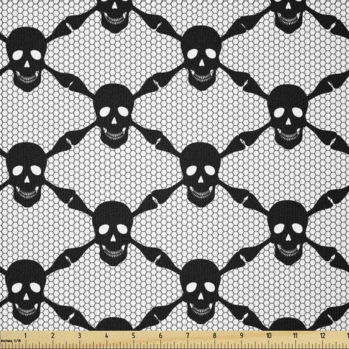 Vista 4 de Ambesonne The Yard, tela de calavera colorida con temática de Halloween, diseño de calavera y huesos cruzados, divertido estampado de dibujos