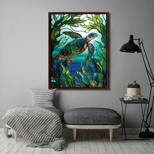 Vista 6 de KTHOFCY Kits de pintura de diamantes DIY 5D para adultos y niños, diseño de tortuga marina de vidrio emplomado, taladro completo, bordado de punto