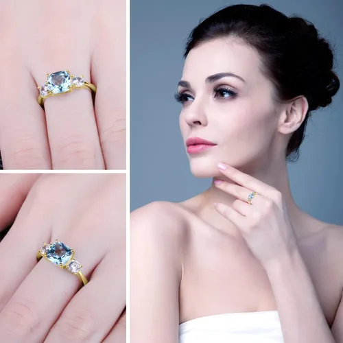 Vista 4 de JewelryPalace Anillo de compromiso de plata de ley 925 de topacio azul genuino de 2.6 quilates de corte cojín para ella, de oro blanco de 14