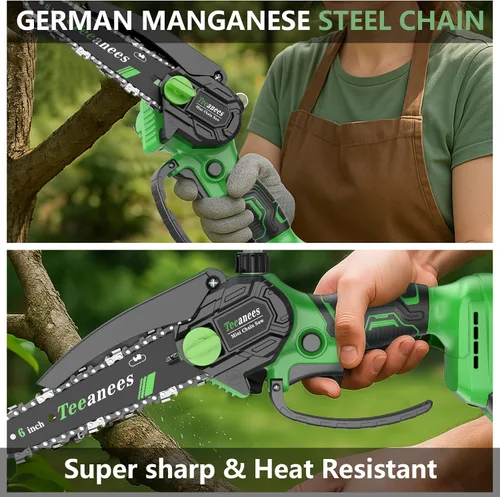 Vista 6 de Mini motosierra inalámbrica, pequeña motosierra eléctrica de 6 pulgadas con batería de 21 V y 3 cadenas, motosierra de mano alimentada por batería