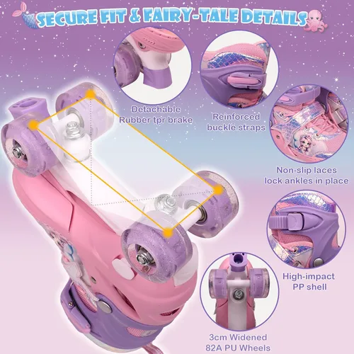 Vista 4 de Patines de sirena ajustables para niños y niñas con ruedas con luz LED, patines para interiores y exteriores para niños principiantes, juego
