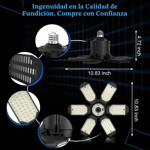 Vista 6 de Luz de Garaje – Bombilla de garaje súper brillante de 15000LM, equivalente a 150 W, rosca E26 con 6 paneles deformables, 6500K, luces LED de taller