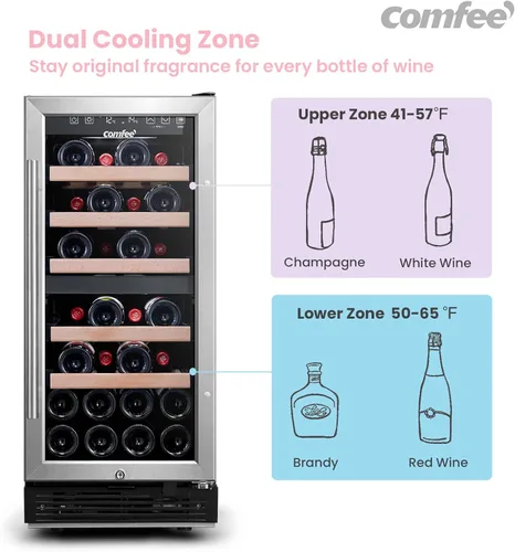 Vista 6 de COMFEE' CRW28B7AST Enfriador de vino independiente e integrado, refrigerador de vino de 28 botellas, zona de enfriamiento doble, control digital