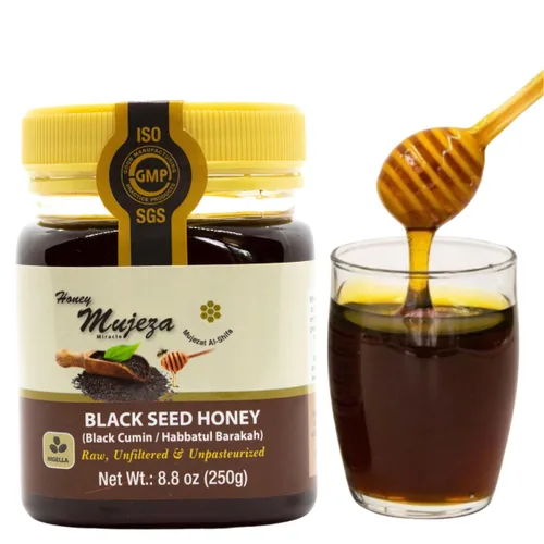 Vista 8 de Mujezat Al-Shifa - Paquete de 3 Miel de Semilla Negra - No Mezclada con Aceite o Polvo - Sin Gluten - Sin OGM - Miel Orgánica - Potenciador Inmune