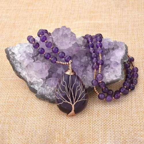 Vista 2 de Jovivi Collar de cristales curativos de cuarzo amatista natural, con dije de piedra preciosa de chakra envuelto en lágrima envuelta en alambre de 28