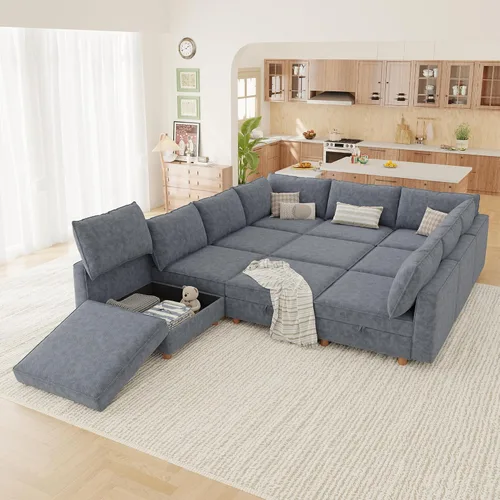 Vista 38 de 95.5" Sofá seccional modular de chenilla con almacenamiento oculto, sofá cama convertible en forma de L y U, sofá seccional moderno de 6 plazas