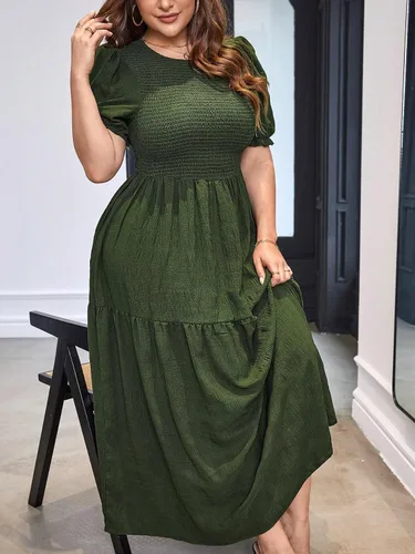 Vista 5 de WDIRARA Vestido Aline con cuello redondo y manga corta abombada y dobladillo fruncido para mujer