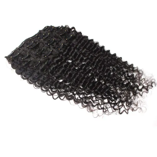 Vista 3 de Extensiones de cabello ondulado rizado con clip de 100 piezas de cabello humano Remy #1B, negro natural, 16 pulgadas, 4.23 oz, 8 piezas de cabello