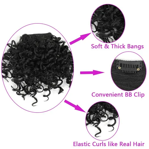 Vista 4 de Peluca rizada con flequillo corto afro para mujeres negras, G&T Wig, rizos esponjosos, flequillo clip-in (1B, flequillo simple)