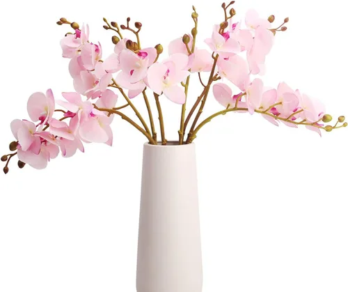 Vista 9 de BOMAROLAN Flores artificiales de orquídea mariposa sintética, 4 piezas de flores de seda de doble rama de tacto real (sin jarrón) para boda, hogar