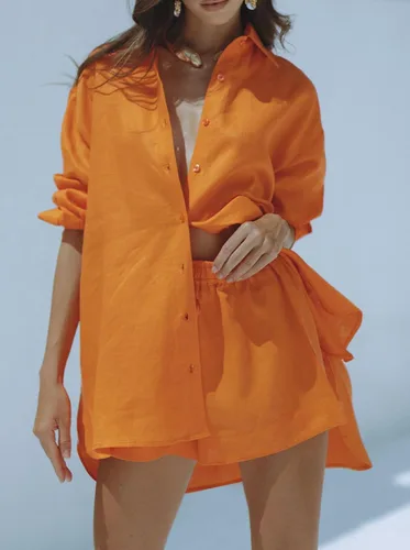 Vista 2 de Fixmatti Conjunto de 2 piezas para mujer, camisa de manga larga con botones y pantalones cortos, sudadera casual