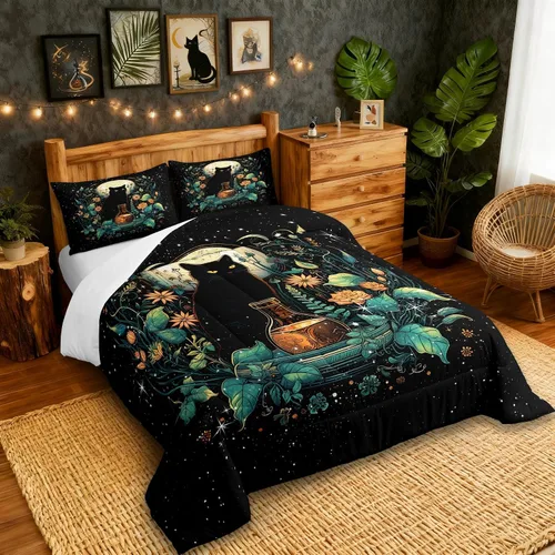 Vista 2 de Castle Fairy Juego de edredón con diseño de gato lindo para niños, tamaño twin, juego de ropa de cama con hojas de flores, luna, noche y cielo