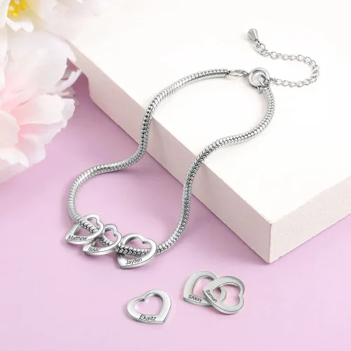 Vista 7 de Pulsera personalizada para mamá – Pulsera personalizada con dije de corazón con 1 – 20 nombres grabados – Pulsera ajustable para mujer – Regalo