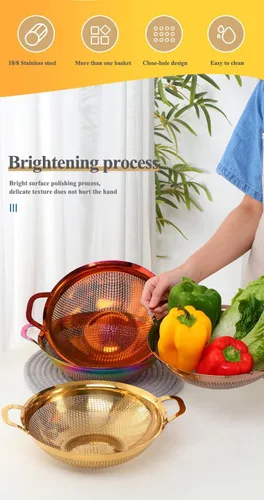 Vista 3 de Colador de acero inoxidable con asa y patas para pasta, espaguetis, bayas, verduras, frutas, fideos, ensaladas, colador de frutas, colador