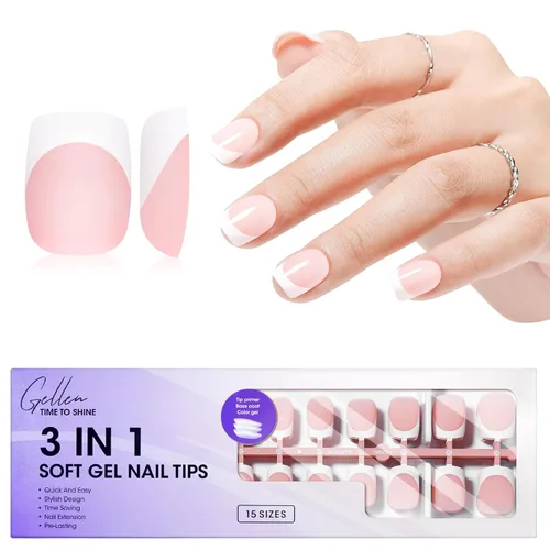 Vista 10 de Gellen Uñas postizas a presión con punta francesa de almendra, color rosa