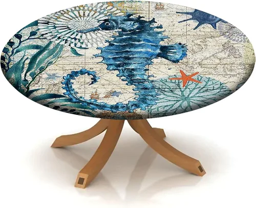 Vista 40 de Mantel redondo ajustable con borde elástico floral azul, mantel con borde elástico de estilo floral pastoral, almohadilla de mesa de poliéster