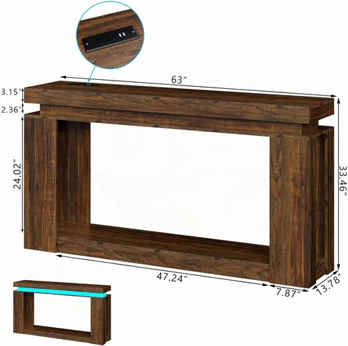Vista 2 de Mesa de consola larga de 63" con luces LED y toma de corriente, mesa de sofá de estilo granja de 2 niveles detrás del sofá con almacenamiento, mesas