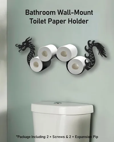 Vista 5 de Soporte para rollo de papel higiénico de dragón, montado en la pared, color negro mate, almacenamiento y organizador para 5 rollos adicionales